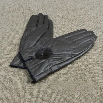 2017 fashion læder kvindelige fåreskind læder handsker handsker vinter varme handsker sort minimalistisk stil kvindelige læder handsker
