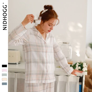 2019 Børstet Struktur Plaid Udskrivning Pyjamas langærmet Skjorte Kvinder Nattøj Efteråret Kvinders Two Piece Par Pijama Mujer Pj Sæt