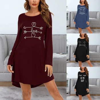 2020 Kvinder Brev Nightgowns Sleepshirts Nattøj Casual Løs Sove Shirt Trykt Nat Kjole Med Lange Ærmer Nattøj
