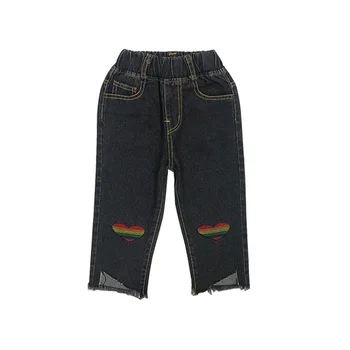 2020 Nye Piger Bomuld Cowboy Rainbow Elsker Casual Jeans Toddler Børn Denim Casual Bukser Små Børn Lige Bukser