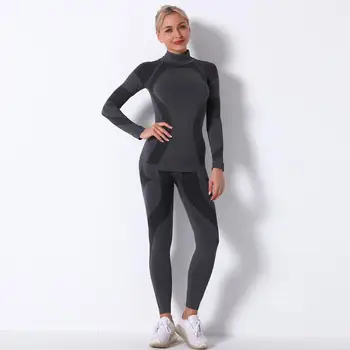 2020 Vinter Træningsdragt Kvinder 2 Delt Sæt Problemfri Energi Yoga Sæt Med Lange Ærmer Crop Tops Tshirt Leggings Fitnesscenter Sæt Træning Sæt