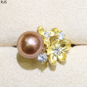 BaroqueOnly Zircon Indlagt 925 Ringe Naturlig Farve ferskvandsperle 9-10mm Edison Perle Ring Halv-barokke Mode Smykker RI&RJ