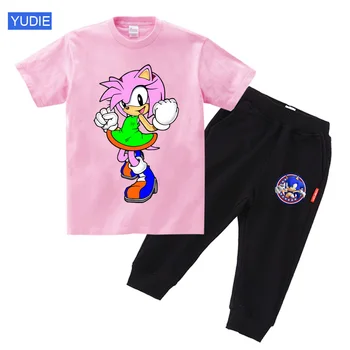 Børn Tøj Sommeren Buksetrold Piger Tøj Sonic Hedgehog Amy T-shirt+Bukser børnetøj Teenager Fødselsdagsgave Passer