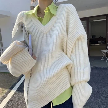 H. SA 2021 Kvinder Foråret Pullover, Sweater, Trøjer med Lange Ærmer V-hals Oversize Trøjer Ren Farve koreanske Smarte Toppe Hvid Sweater