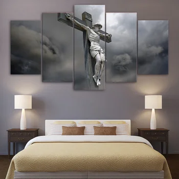 HD Trykt Lærred Plakater Ramme Stue Væg Kunst 5 Stykker Grå Himmel Jesus-Statue på Tværs af Home Decor Maleri Modulære Billeder