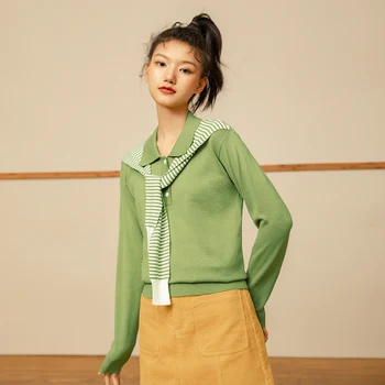INMAN Efterår og Vinter Litterære koreansk Stil Revers Sjal Kontrast Farve Stribet Rib Manchet Pullover Sweater Kvinder