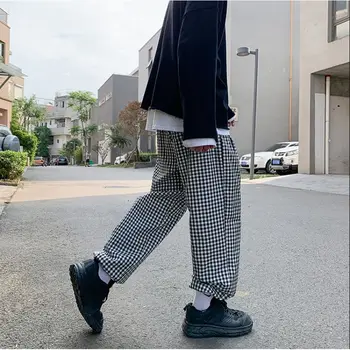 Koreanere Plaid Bukser Mænds Mode Retro Casual Lige Bukser Mænd Streetwear Vilde Løs Hip-hop Brede Ben Bukser Herre M-XL