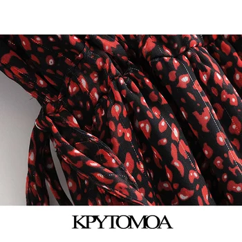 KPYTOMOA Kvinder 2020 Mode Med Snøre Uafgjort Print Midi-Plisseret Kjole Vintage-Lange Ærmer Med Foring Kvindelige Kjoler Mujer