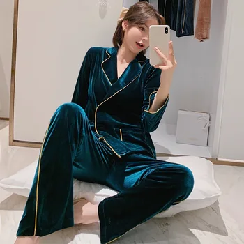 Kvinder Pyjamas, der Passer Nattøj Turn-Down Krave Undertøj Velour Efterår og Vinter Morgenkåbe Kimono Kjole 2STK Nattøj Homewear