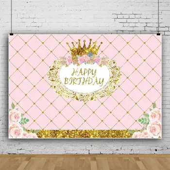 Laeacco Pink Baggrund Golden Crown Blomster Happy Baby Fødselsdag Tilpasset Banner Fotografering Baggrund Photocall Foto Studio