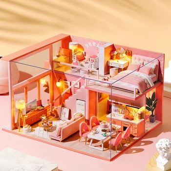 Miniaturas Dukke Hus Håndlavet Peincess Pink House DIY-Dukkehus Møbler Kit Casa Legetøj Til Fødselsdag, Jul, Gaver L029
