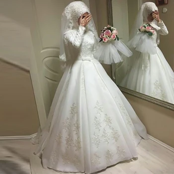 MYYBLE Lange Ærmer Muslimske Bryllup Kjoler Med Hijab, Bolden Kjole Sweep Train Juvel Applique Chiffon Gulv Længde arabisk gelinlik