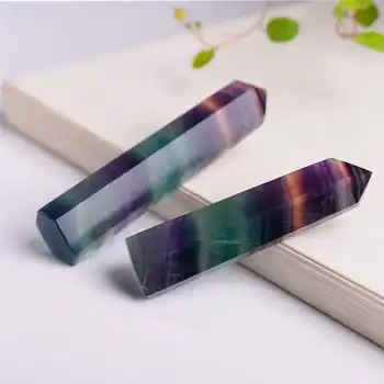 Naturlige Fluorit Crystal Farverige Stribet Satin Kvarts Krystal Sten Punkt Healing Sekskantet Wand Behandling Sten #2o19