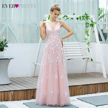 Pink Blomster Blonder Prom Kjoler Smukke A-Line V-Hals, Spaghetti-Stropper Tyl Elegante Lange Festkjoler Vestidos De Gala 2020