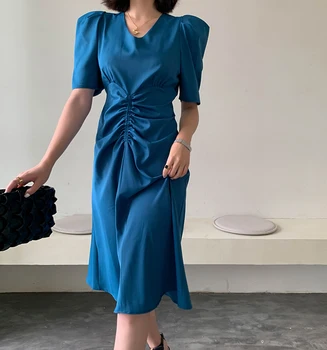 Puff ærmer kjole kvinder om sommeren 2020 ny stil ensfarvet V neck niche fransk vintage-stil kjoler kontor dame tøj