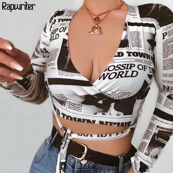 Rapwriter Mode Avis Print på Tværs af Dyb V-Hals Lace-Up Kvinders Bluse 2020 Streetwear Afgrøde Top med Lange Ærmer Sexet Retro Shirt