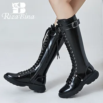 RIZABINA Nye Mode Kvinder knæhøje Støvler Rund Tå og Lynlås, Cross Strap Punk Style Flad Hæl Sko Udendørs Fodtøj Størrelse 34-39