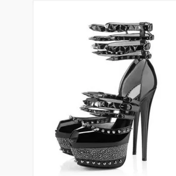 SHOFOO sko,Elegant mode kvinders sko, nitte dekoration, 14,5 cm høj hæl sandaler, kigge tå, sandaler, kvinders sandaler.