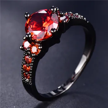 Simple Mode Runde Røde Zircon forlovelsesringe For Kvinder Fine Smykker, Vintage Fashion Sort Guld CZ Sten Ring Joker Smykker