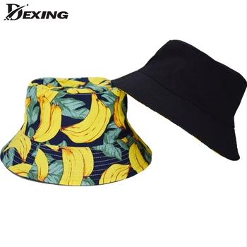 Sommer-Efterår Banan Bucket Hat til Kvinder, Mænd Sort Gul Dobbelt Panama Reversible Frugt Vandmelon Print Fiskeren Hat