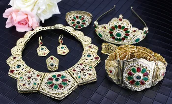 Sunspicems Marokko Bryllup Smykker Sæt, Guld Farve Drop Øreringe Ring Armbånd Halskæde Crown Kaftan Bælte Arabiske Dubai Smykker