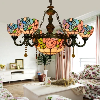Tiffany Barok Kød Blomst Farvet Glas Nedhængt Armatur E27 110-240v Kæde Vedhæng Lys Til Hjemmet Stue og Spisestue