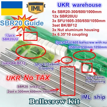 UKR skib 3 sæt ballscrew SFU1605-350/650/1050mm+3 sæt BK/BF12+3 sæt SBR20 Lineære skinner Kit +3 koblinger til CNC Router Fræsning