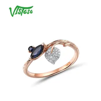 VISTOSO Ren 14K 585 Guld Ring For Kvinder Ring skinnende Diamant Blå Safir Luksus Bryllup Engagement Elegante, Fine Smykker
