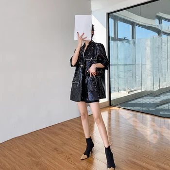 XITAO Sort Paillet Blazer Kvinder Hak Krave Løs Mode Personlighed koreansk Stil 2020 Nye Efteråret Streetwear Pels ZP1731