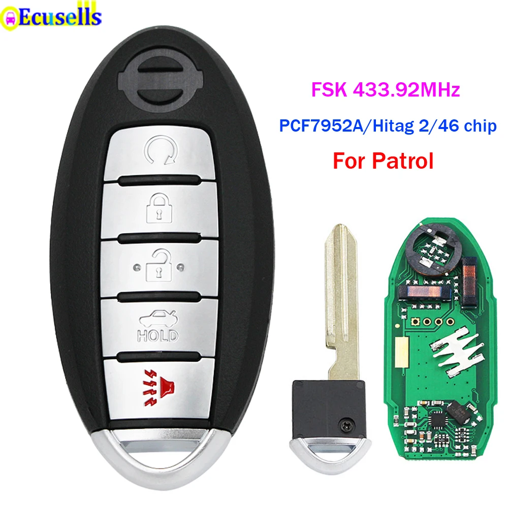 Smart fjernbetjening nøgle 4+1 knappen FSK 433MHz PCF7952LTT chip For Nissan Patrol med insert-tasten blade 5 knapper 2