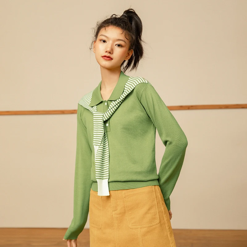 INMAN Efterår og Vinter Litterære koreansk Stil Revers Sjal Kontrast Farve Stribet Rib Manchet Pullover Sweater Kvinder 0