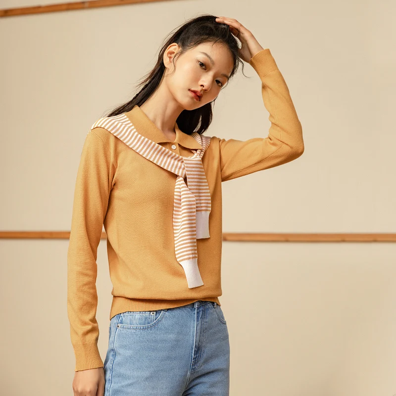 INMAN Efterår og Vinter Litterære koreansk Stil Revers Sjal Kontrast Farve Stribet Rib Manchet Pullover Sweater Kvinder 2