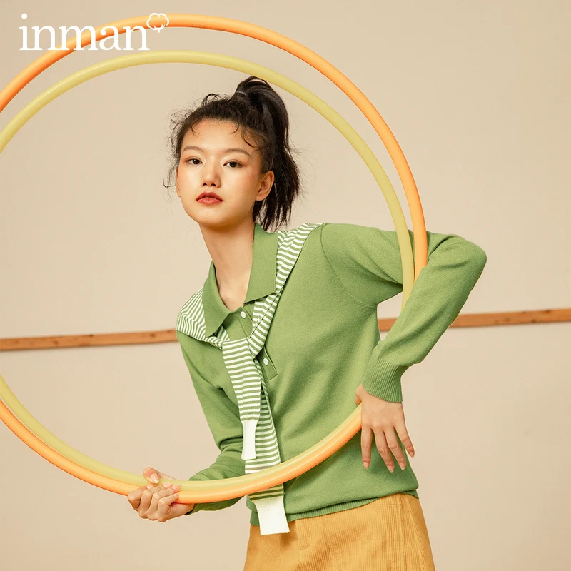 INMAN Efterår og Vinter Litterære koreansk Stil Revers Sjal Kontrast Farve Stribet Rib Manchet Pullover Sweater Kvinder 4