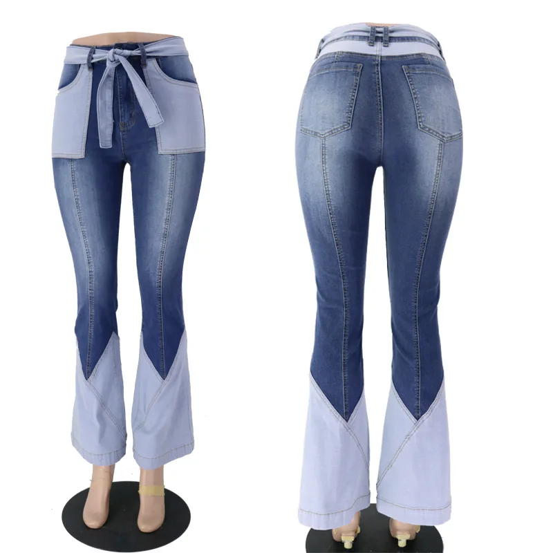 70 Høj Talje To Farve Splejsning Denim Lang Blusset Bukser Kvinder Vinger Lommer Patchwork Afblegede Jeans Vintage Bukser 2