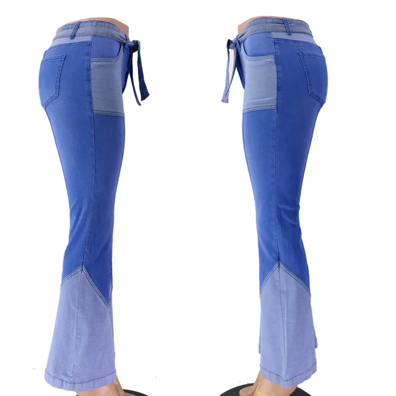 70 Høj Talje To Farve Splejsning Denim Lang Blusset Bukser Kvinder Vinger Lommer Patchwork Afblegede Jeans Vintage Bukser 3