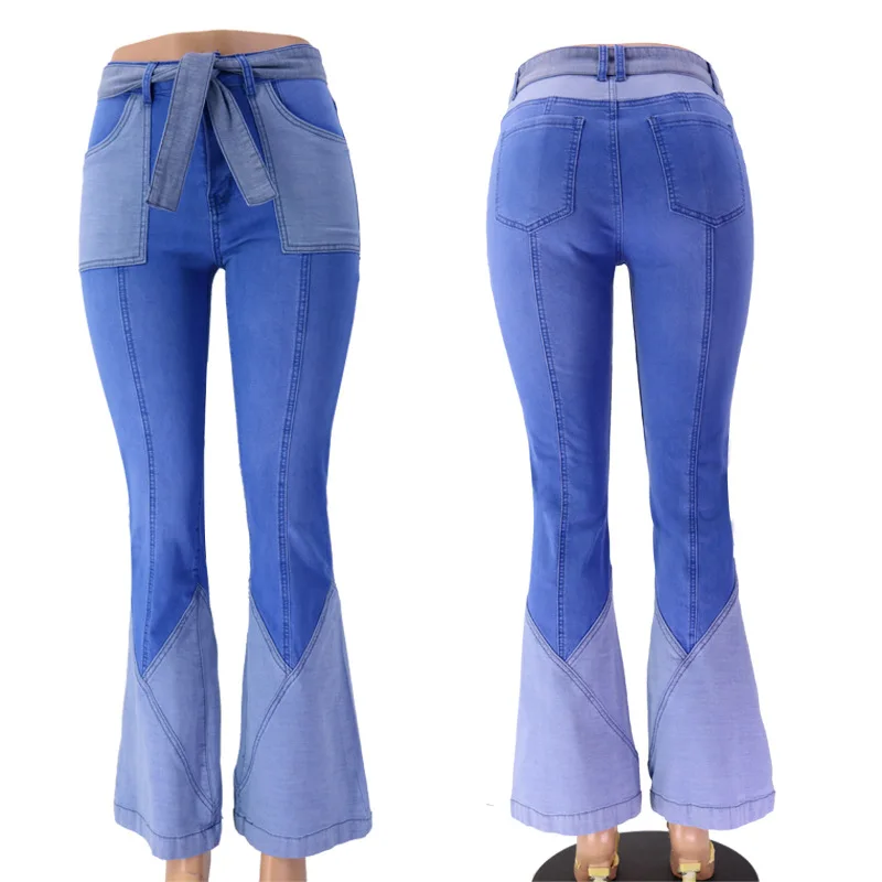 70 Høj Talje To Farve Splejsning Denim Lang Blusset Bukser Kvinder Vinger Lommer Patchwork Afblegede Jeans Vintage Bukser 4