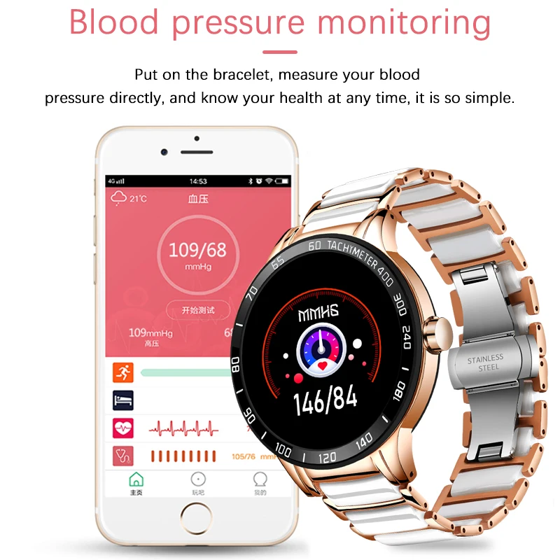 LIGE Kvinde, smart ur Reloj Inteligente puls, Blodtryk Fitness Tracker Keramisk Rem Ure Vandtæt Smartwatch 0