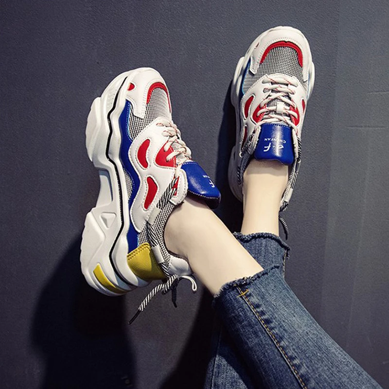 Kvinder Platform Chunky Sneakers 5cm høj lace-up Afslappet Vulcanize Sko luksus Designer Gamle Far kvindelige mode Sneakers 2019 0