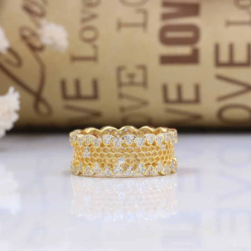 LouLeur 925 sterling sølv honeycomb ringe, guld farve zircon mode 925 sølv ringe for kvinder bryllup smykker til charms 1