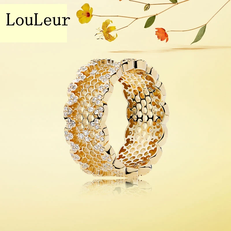 LouLeur 925 sterling sølv honeycomb ringe, guld farve zircon mode 925 sølv ringe for kvinder bryllup smykker til charms 5