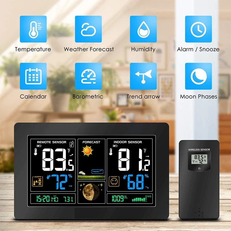 Trådløs vejrstation med Prognose Ur, Indendørs / Udendørs Temperatur, Luftfugtighed Sensor Farverig LCD-Vejr Udsæt Uret Hygrometer 2