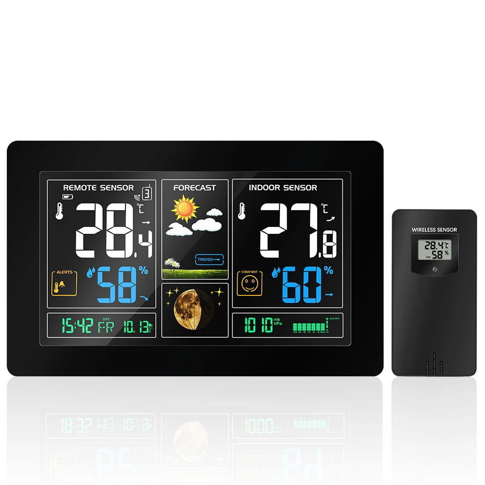 Trådløs vejrstation med Prognose Ur, Indendørs / Udendørs Temperatur, Luftfugtighed Sensor Farverig LCD-Vejr Udsæt Uret Hygrometer 4