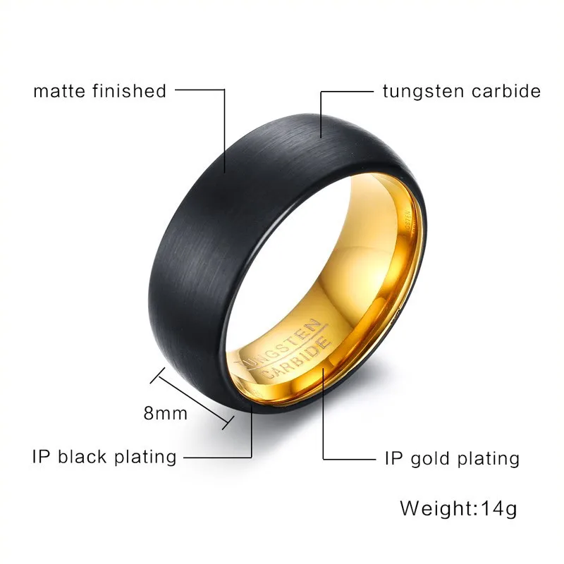 Modyle Guld Farve 8mm Sort Tungsten Ringe til Mænd, Bryllup Smykker 2