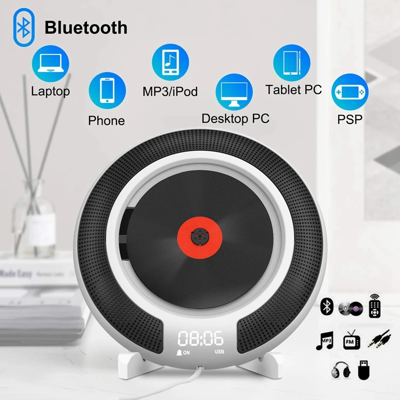 AAY-Bærbar CD-Afspiller med Bluetooth vægmontering FM-Radio Indbygget HiFi Højttalere med Fjernbetjening Hovedtelefon Jack 2