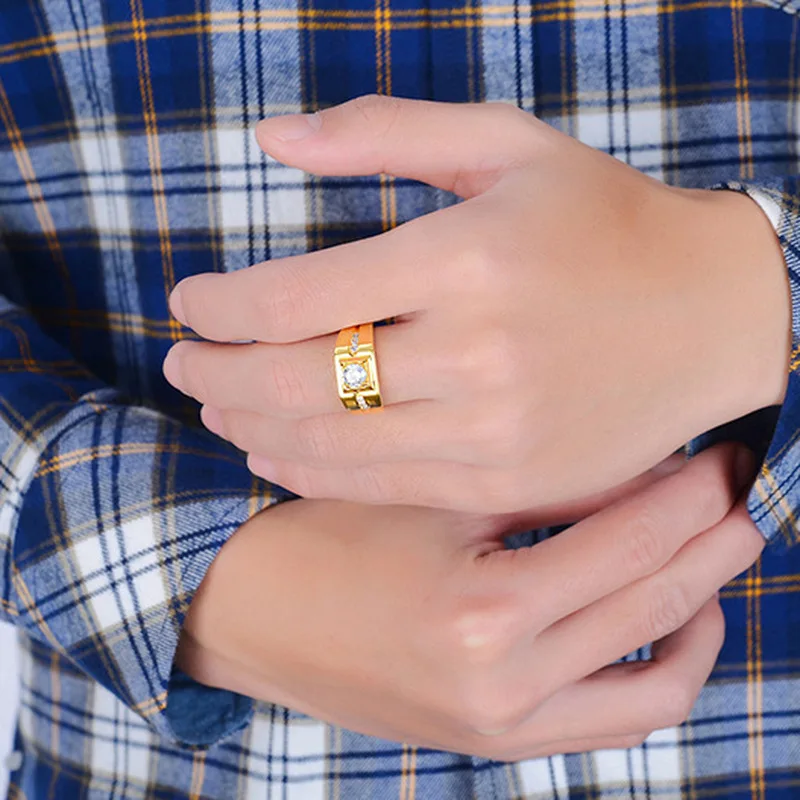Luksus 24K Guld Ring For Mænd Herre Diamant Zircon Engagement Bryllup Part Ring Åbne Resizable Gul Guld Finger Ringe 0