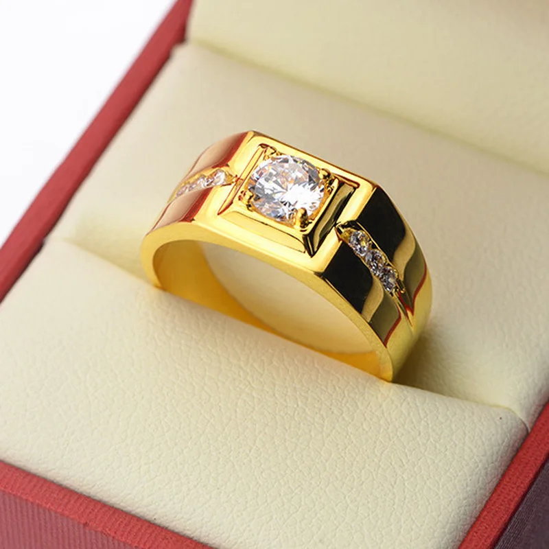 Luksus 24K Guld Ring For Mænd Herre Diamant Zircon Engagement Bryllup Part Ring Åbne Resizable Gul Guld Finger Ringe 1