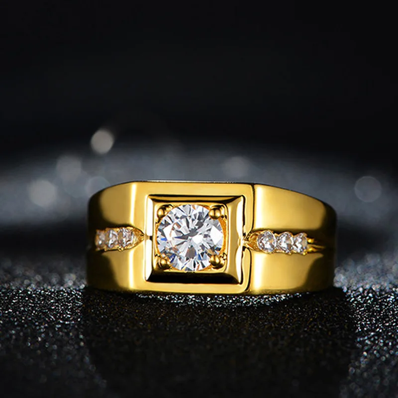 Luksus 24K Guld Ring For Mænd Herre Diamant Zircon Engagement Bryllup Part Ring Åbne Resizable Gul Guld Finger Ringe 2