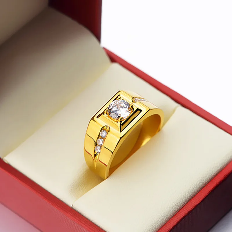 Luksus 24K Guld Ring For Mænd Herre Diamant Zircon Engagement Bryllup Part Ring Åbne Resizable Gul Guld Finger Ringe 3