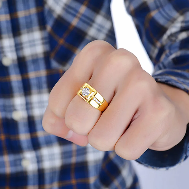 Luksus 24K Guld Ring For Mænd Herre Diamant Zircon Engagement Bryllup Part Ring Åbne Resizable Gul Guld Finger Ringe 4