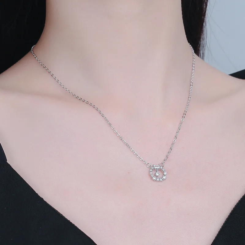Ægte 925 Sterling Sølv Circcle Halskæde til Kvinder, Kvindelige Unikke Krystal Smykker Hule Drop Zircon Personlighed Gave 0